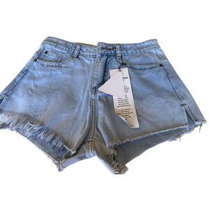 Women's ASOS Short Distressed Jean Shorts Light Blue Denim Junior's Size 28-READ